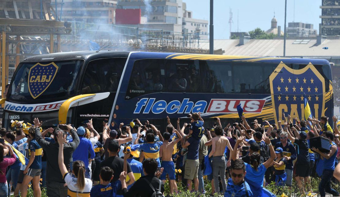 Fans gathered outside a hotel in Buenos Aires to great Boca Juniors players on the way match.
