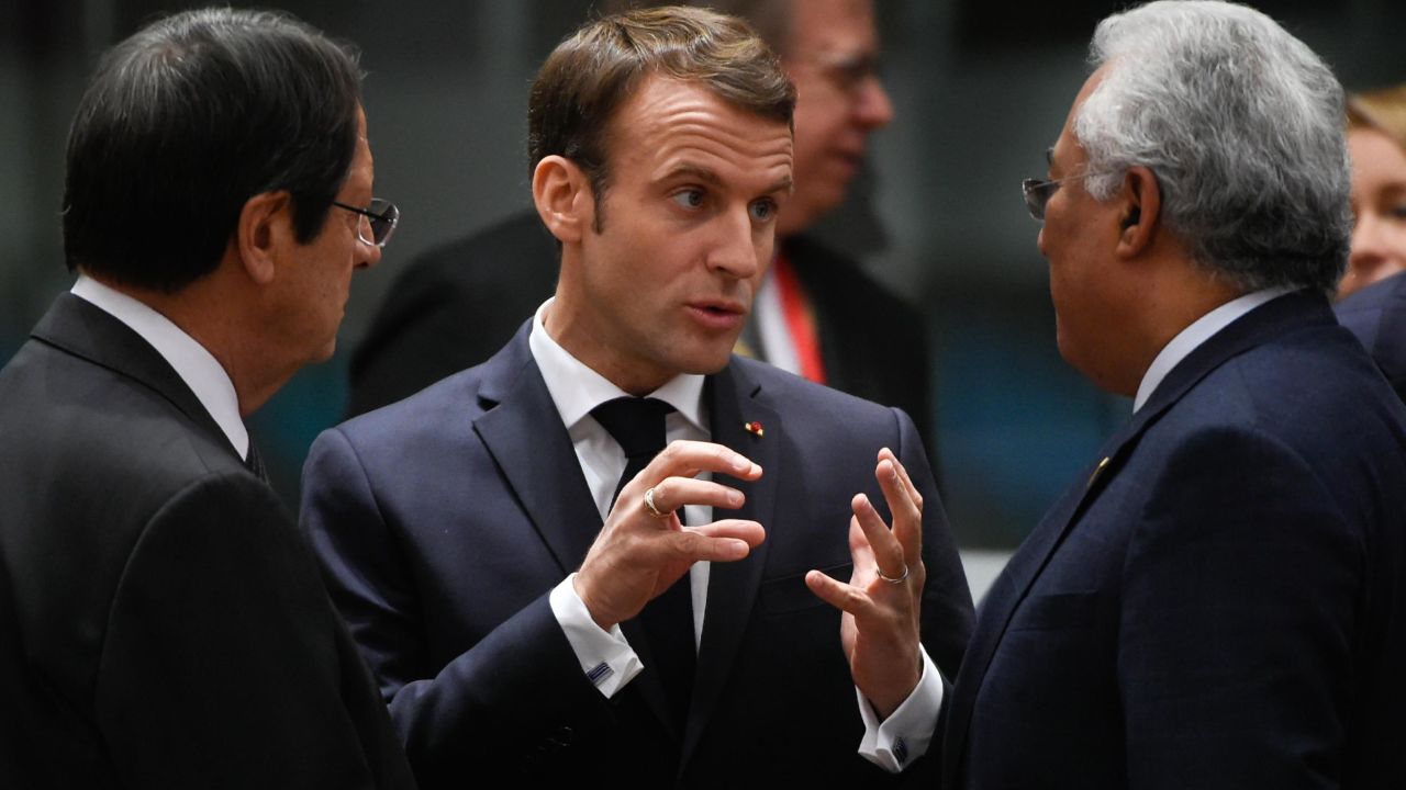 France's President Emmanuel Macron (C) chats with Portugal's Prime Minister Antonio Costa (R) and Cyprus' President Nicos Anastasiades   before a special meeting of the European Council to endorse the draft Brexit withdrawal agreement and to approve the draft political declaration on future EU-UK relations on November 25, 2018 in Brussels. (Photo by JOHN THYS / AFP)        (Photo credit should read JOHN THYS/AFP/Getty Images)