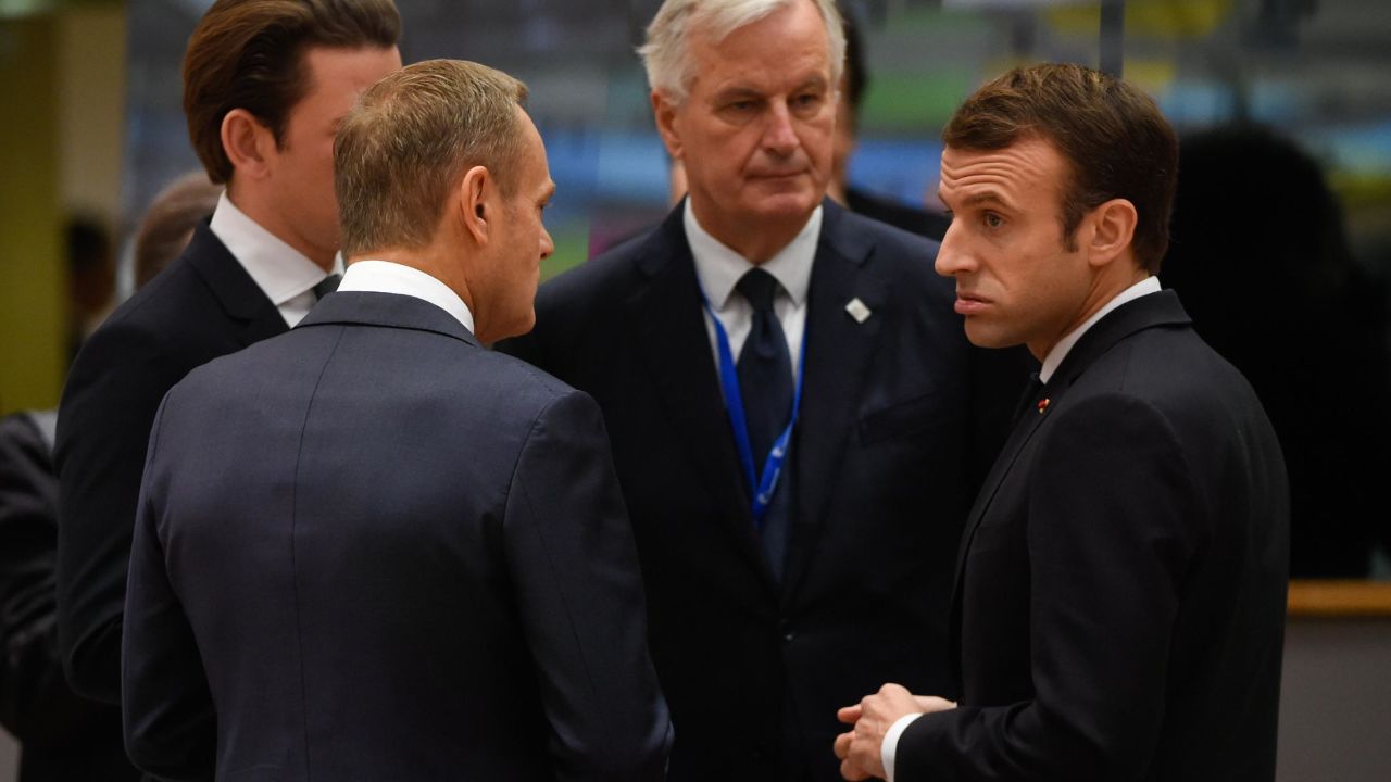 France's President Emmanuel Macron talks with EU chief Brexit negotiator Michel Barnier, Austria's Chancellor Sebastian Kurtz and European Council President Donald Tusk before the summit.