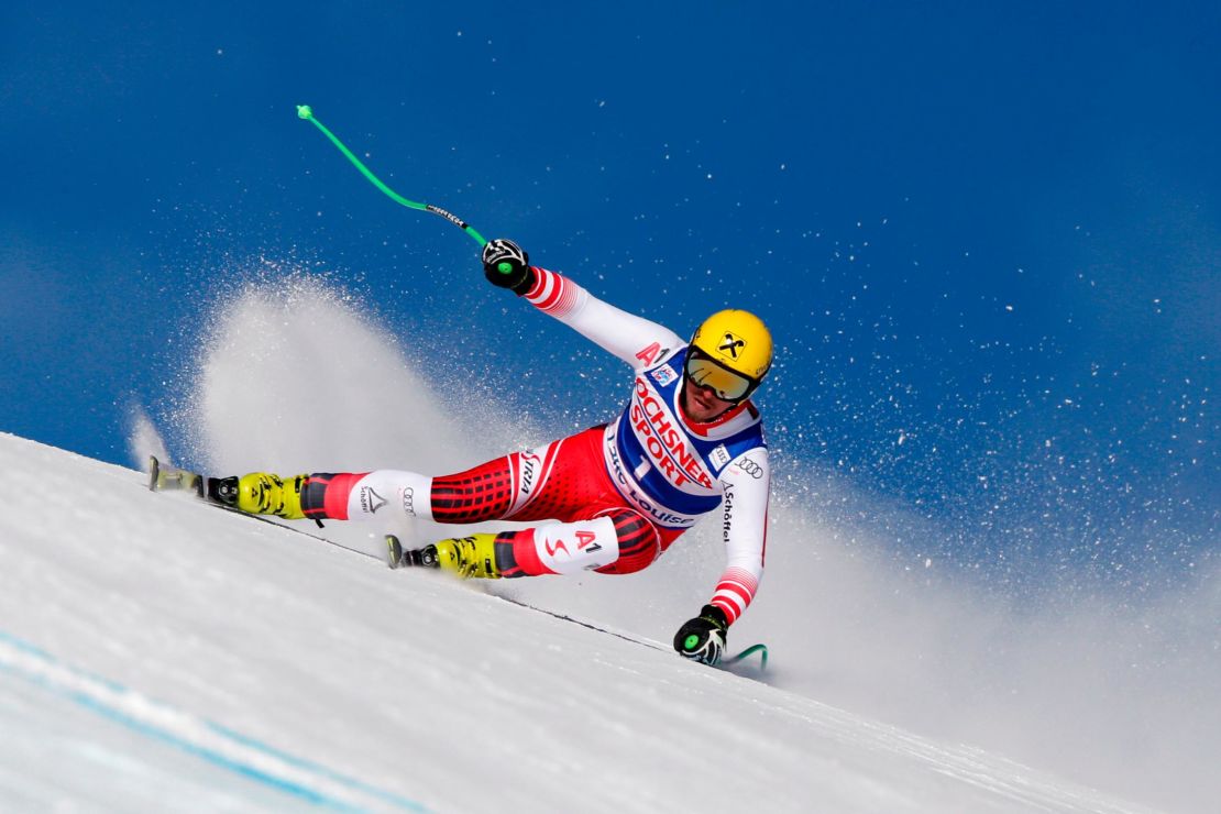 Max Franz of Austria on his way to first place in the World Cup men's downhill at Lake Louise in Canada.