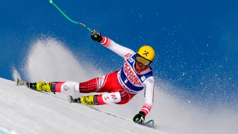 Max Franz of Austria on his way to first place in the World Cup men's downhill at Lake Louise in Canada.