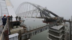 A view of the construction site of the road-and-rail Crimean Bridge over the Kerch Strait on March 14, 2018. / AFP PHOTO / POOL / YURI KOCHETKOV        (Photo credit should read YURI KOCHETKOV/AFP/Getty Images)