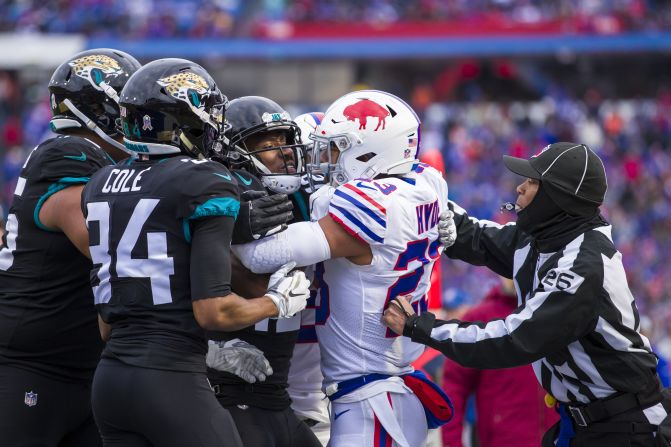 Dede Westbrook of the Jacksonville Jaguars shoves Micah Hyde of the Buffalo Bills following a play in the third quarter which initiated a bench-clearing brawl between both teams on Sunday, November 25 in Orchard Park, New York. Buffalo defeated Jacksonville 24-21. 
