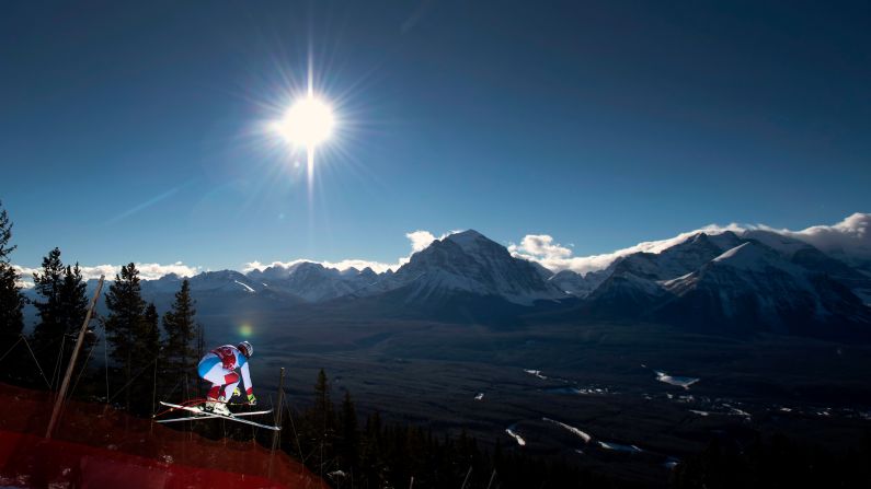 Beat Feuz, of Switzerland, soars down the course during the men's World Cup downhill ski race in Lake Louise, Alberta, Saturday, November 24.
