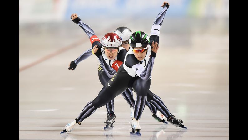 Konami Soga, Maki Tsuji and Nao Kodaira of Japan compete during the Women's Team Sprint at the ISU World Cup Speed Skating on Sunday, November 18 in Obihiro, Japan.