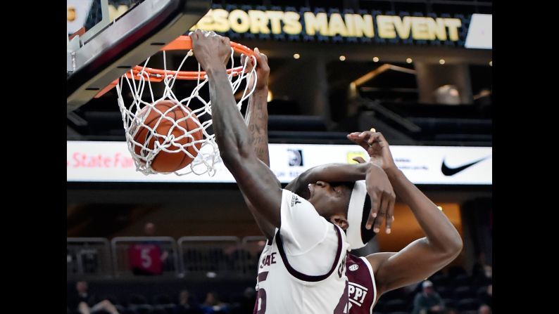Zylan Cheatham of Arizona State is fouled as he shoots against Aric Holman of Mississippi State during the first half of a semifinal game in the MGM Resorts Main Event basketball tournament on November Monday, November 19 in Las Vegas.