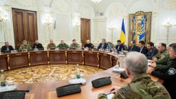 epa07190230 Ukrainian President Petro Poroshenko (C) leads the National Security and Defence Council meeting in Kiev, Ukraine, 25 November 2018. Russia has seized three Ukrainian vessels amid their leaving the Kerch Strait; Ukrainian President Petro Poroshenko is gathering the Military Cabinet over the incident. The two small-sized `Berdiansk` and `Nikopol` armored artillery boats have come under enemy fire and are now dead in the water. The `Yany Kapu` tugboat has forcibly been stopped. The vessels have been captured by special forces of the Russian Federation, the press service of Ukraine`s Navy said on Facebook on Sunday evening. The Ukrainian Navy also reported the number of the Ukrainian servicemen wounded in the incident grew to two persons as Ukrainian media report.  EPA-EFE/MYKHAILO MARKIV / POOL