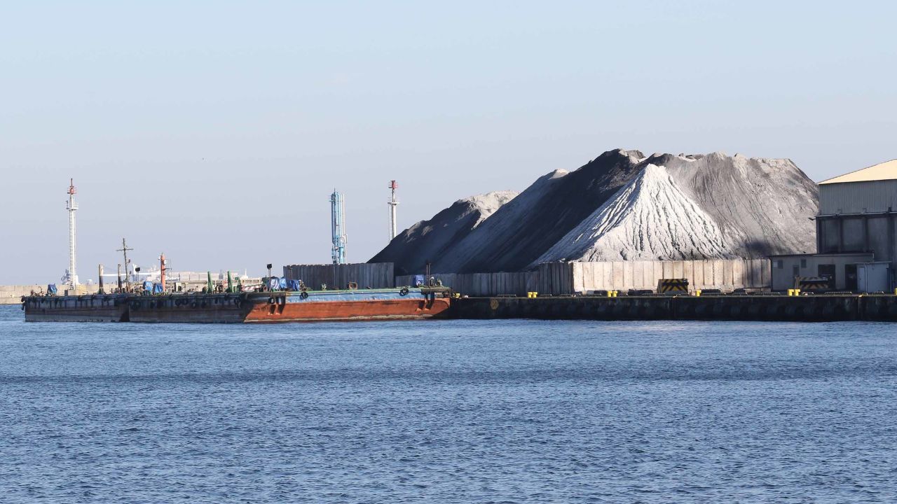 Waste coal piles in Gdynia, Poland, October 2018. Waste coal is sometimes used in domestic stoves to heat Polish homes, contributing to smog.
