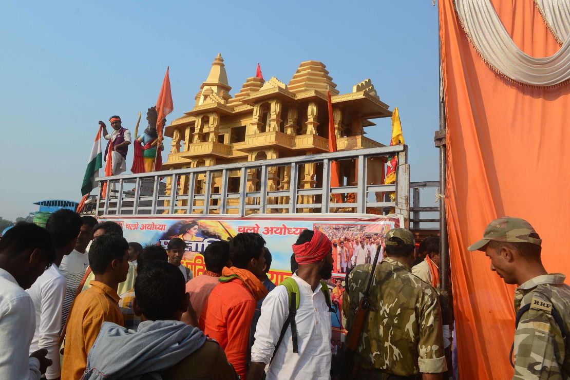 A model of the Ram temple during the 'Dharam Sabha' Hindu congregation held to call for the construction of a grand temple of Lord Rama, in Ayodhya on November 25, 2018. 