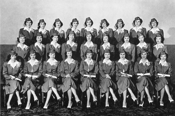 <strong>Team spirit:</strong> "I was inspired and so I was hired by United in 1951 in July and then I flew for a year and a quarter," says Pattison, who is third from the right in this group flight attendant picture.