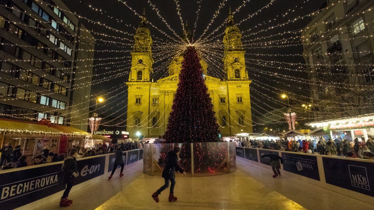 <strong>Advent in Hungary:</strong> Children ice skate in front of St. Stephen Basilica in Budapest, the second largest church in Hungary.