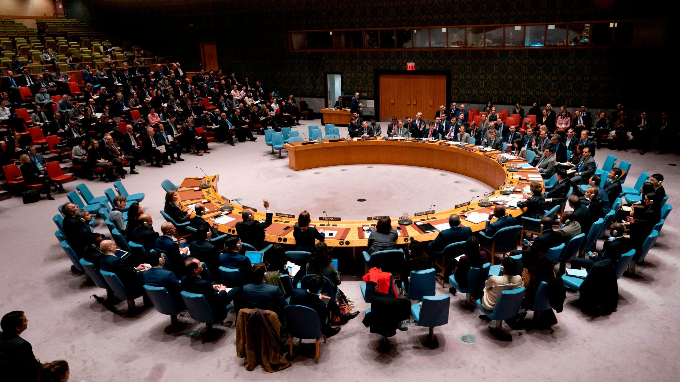 Members of the United Nations Security Council vote during a Security Council meeting on Ukraine, November 26, 2018, at the United Nations in New York. 