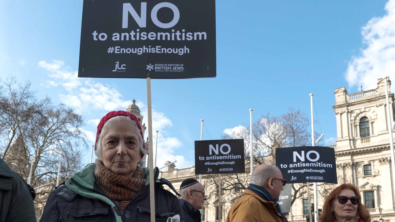 The Jewish Leadership Council and the Board of Deputies of British Jews stage a protest against anti-Semitism in the Labour Party in London in March 2018.