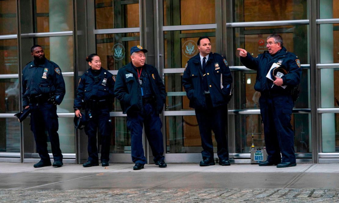 Police patrol during the start of jury selection for the "El Chapo" trial at Brooklyn Federal Court in New York.