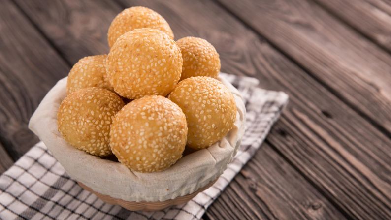 <strong>Sesame Balls, Jian Dui, China: </strong>This traditional treat is often filled with a sweet bean paste or a soft puree made from lotus seeds; both versions offer a deliciously mild counterpoint to the crunchy seeds. 