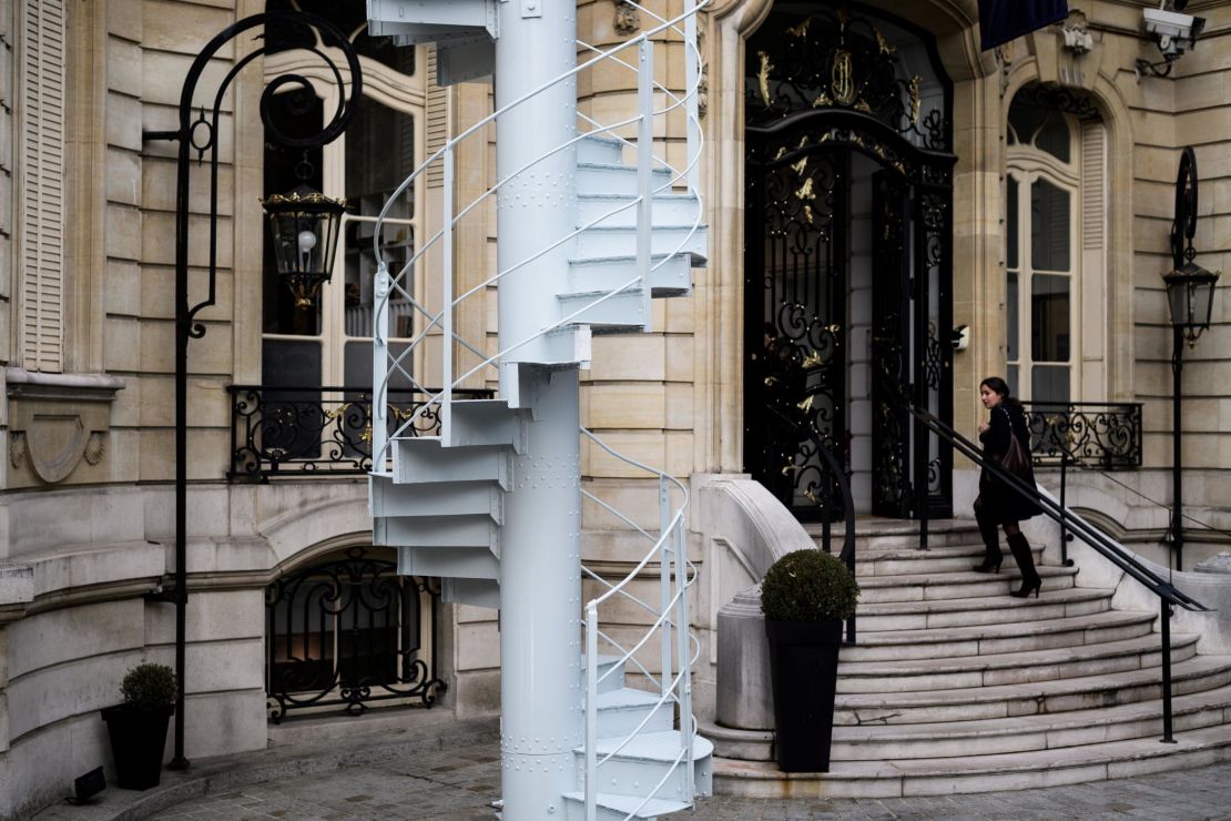 An original part of the Eiffel Tower's staircase is displayed outside the Artcurial French auction house in Paris.