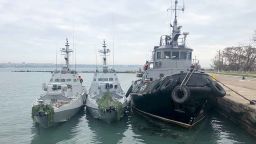 CRIMEA, RUSSIA - NOVEMBER 26, 2018: The Nikopol gunboat, the Berdyansk gunboat, and the Yany Kapu tugboat (L-R) of the Ukrainian Navy tugged to the Kerch Seaport. On November 25, 2018, three Ukrainian Navy vessels illegally crossed the Russian border and intruded into Russia's territorial waters. Crimean Branch of the Russian Federal Security Service/TASS (Photo by TASS\TASS via Getty Images)