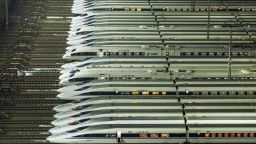 This aerial photograph shows high speed trains at a maintenance centre in Wuhan, in China's central Hubei province early on February 1, 2018. China's official peak travel period for Lunar New Year began on February 1 and authorities expect more than 390 million train trips to take place between February 1 and March 12. / AFP PHOTO / - / China OUT        (Photo credit should read -/AFP/Getty Images)