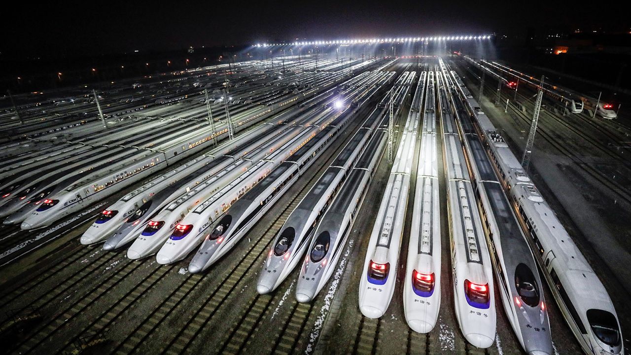 WUHAN, CHINA - FEBRUARY 01:  The hundreds of high-speed trains at a maintenance base wait to set out on the first day of the 40-day Spring Festival Travel Peak on February 1, 2018 in Wuhan, China.  (Photo by Wang He/Getty Images)