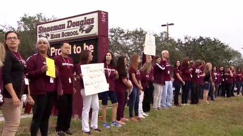 Marjory Stoneman Douglas teachers and staff protest the reassignments of four administrators.