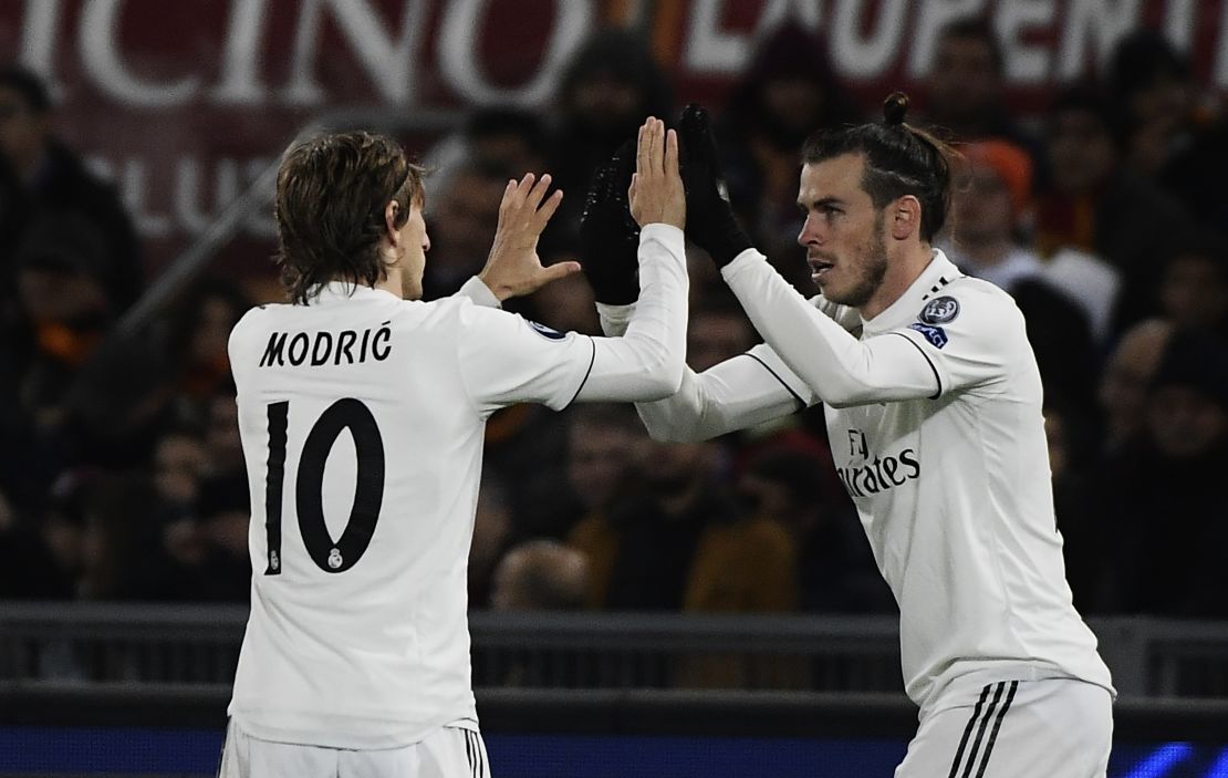 Gareth Bale, right, celebrates with Luka Modric after scoring for Real Madrid against Roma. 