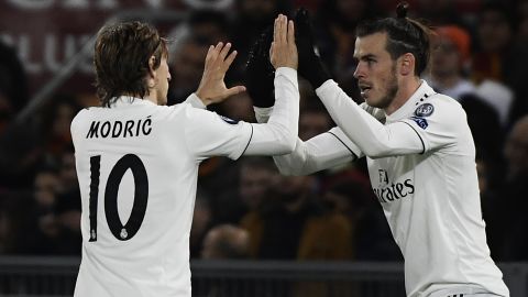 Gareth Bale, right, celebrates with Luka Modric after scoring for Real Madrid against Roma.