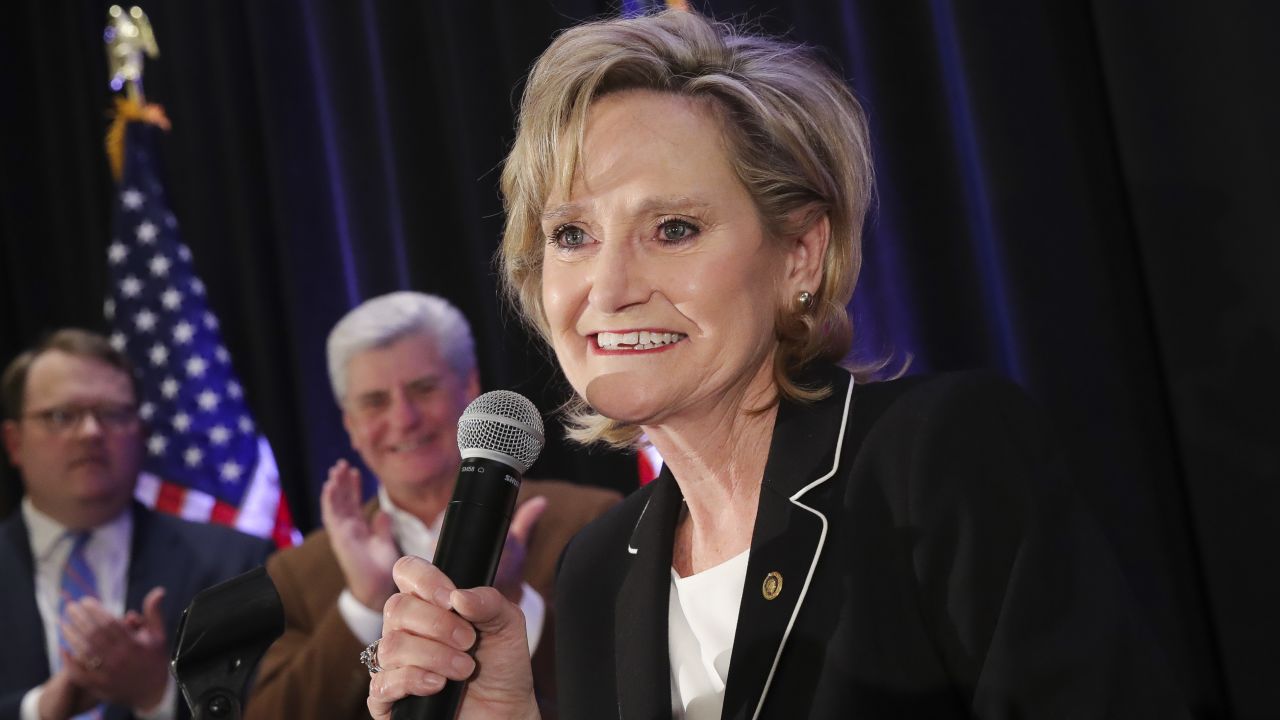 Sen. Cindy Hyde-Smith speaks during an election night event at The Westin Hotel in Jackson, Mississippi.
