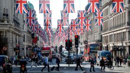 Union flag decorations are seen in Regent Street, London on May 11, 2018.