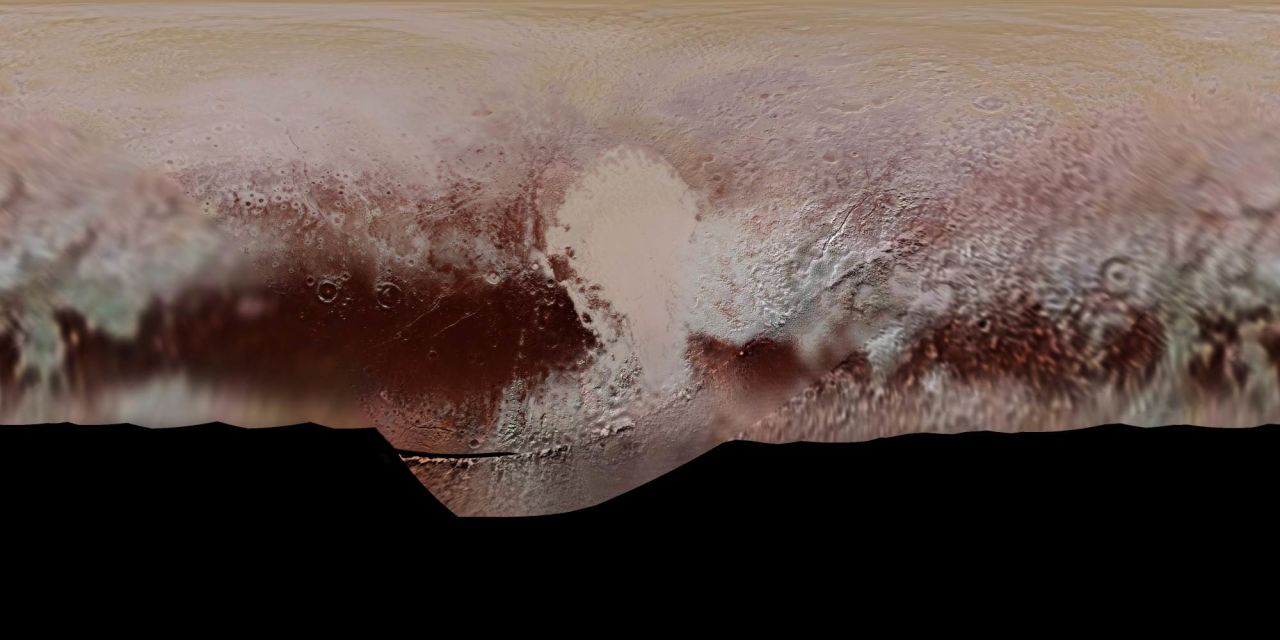 A detailed color map of Pluto taken during the NASA spacecraft's close flyby of Pluto in July 2015. The mosaic shows how Pluto's large-scale color patterns extend beyond the hemisphere facing New Horizons at closest approach, which were imaged at the highest resolution. North is up; Pluto's equator roughly bisects the band of dark red terrains running across the lower third of the map. Pluto's giant, informally named Sputnik Planitia glacier -- the left half of Pluto's signature "heart" feature -- is at the center of this map.