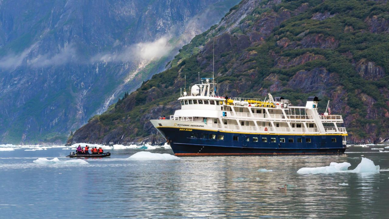 <strong>Best for Adventure:</strong> Lindblad Expeditions. This is the Lindblad Expeditions ship National Geographic Sea Bird in Tracy Arm, Southeast Alaska.
