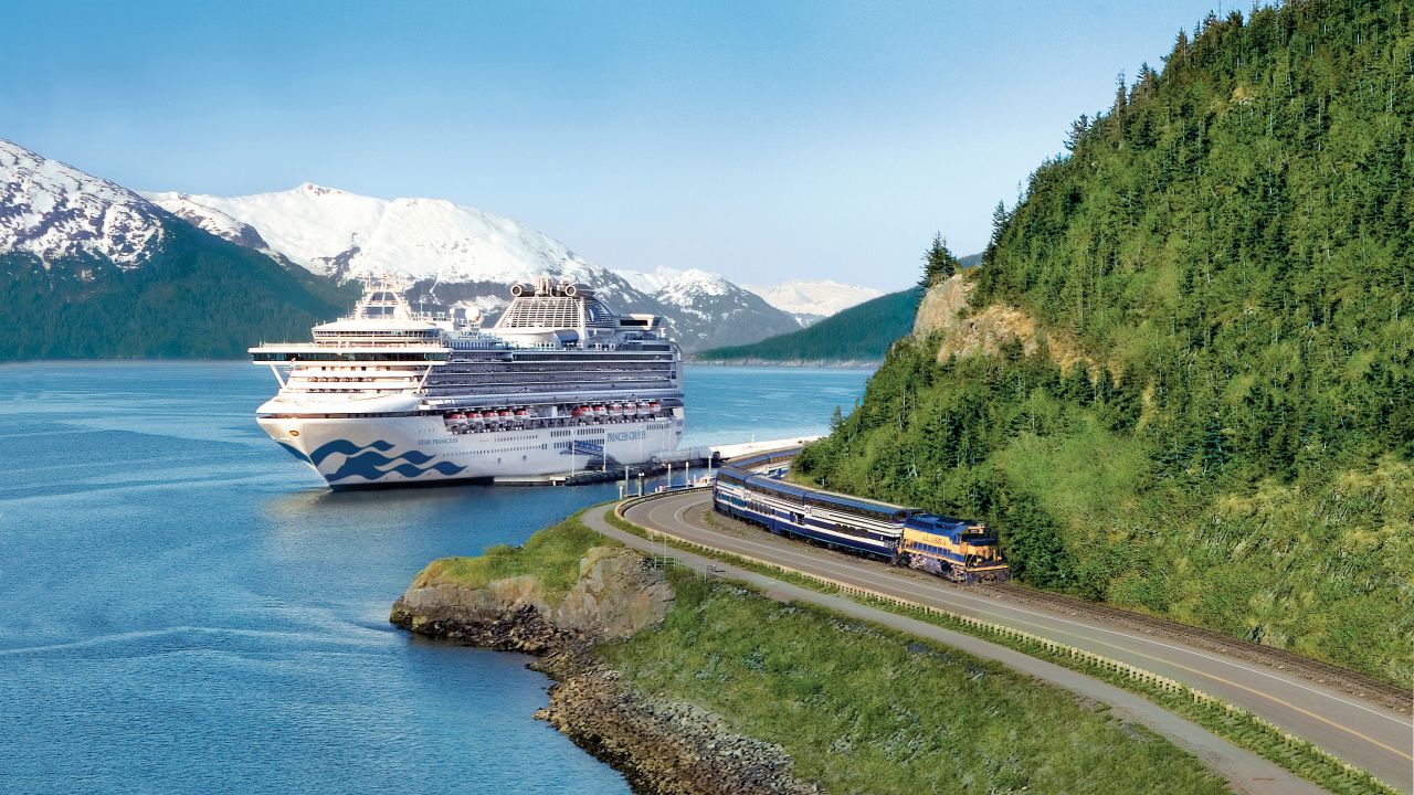 <strong>Best Itineraries: </strong>Princess Cruises. Sapphire Princess is seen near the Denali Express Train in Whittier, Alaska.