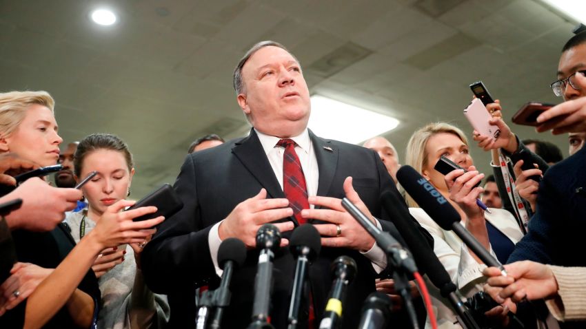 Secretary of State Mike Pompeo speaks to members of the media after their closed door meeting with Senators about Saudi Arabia at the Capitol in Washington, Wednesday, Nov. 28, 2018. (AP Photo/Pablo Martinez Monsivais)