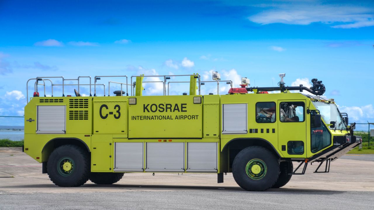 The firetruck on standby at Kosrae Airport.