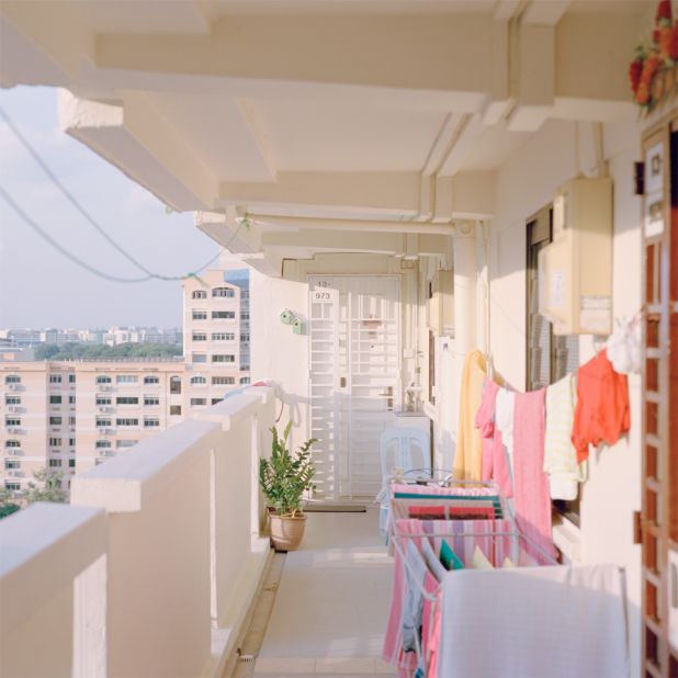 In one photo, a colorful array of clothes and towels in the corridor are soaking up the sunset. 