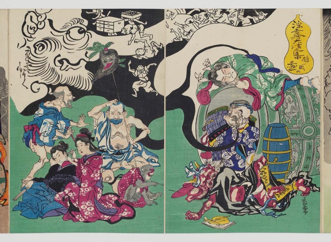 Paintings of the "Floating World in a Drunken Stupor" (circa 1868) by Kawanabe Kyōsai. 
