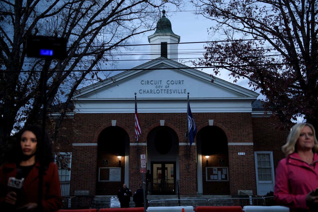 Reporters wait Monday for live shots during the first day of jury selection in James Fields Jr.'s murder trial at the Charlottesville Circuit Court, in Charlottesville, Virginia.