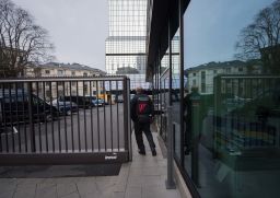 A police officer outside the  headquarters of Deutsche Bank in Frankfurt, Germany, on Thursday.