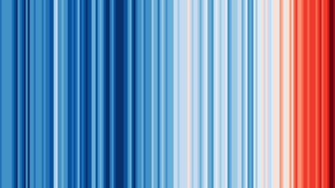 Climate scientist Ed Hawkins uses a color scale to represent the change in annual global temperatures from 1850 to 2017.
