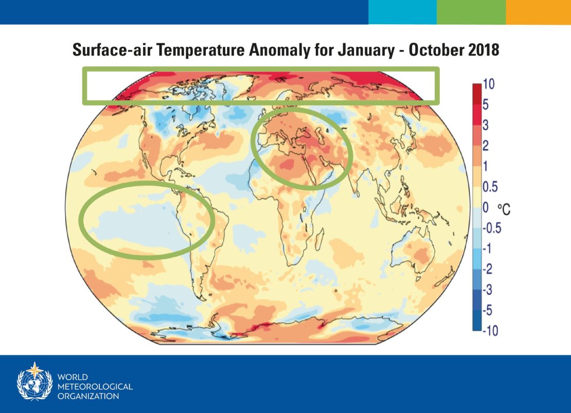 Global average temperature anomalies for 2018. Notable climate features that are evident in the image include persistent heat over Europe and Northern Africa, a weak La Ni?a in the Pacific and continued warmth over the Arctic.