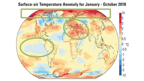 Global average temperature anomalies for 2018. Notable climate features that are evident in the image include persistent heat over Europe and Northern Africa, a weak La Niña in the Pacific and continued warmth over the Arctic.