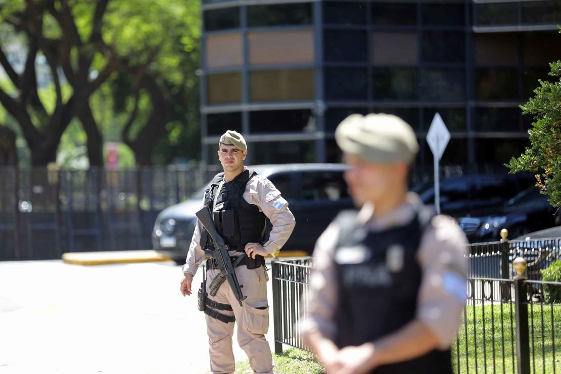 Members of Argentina's Naval Prefecture stand guard outside the Saudi Arabian embassy in Buenos Aires.