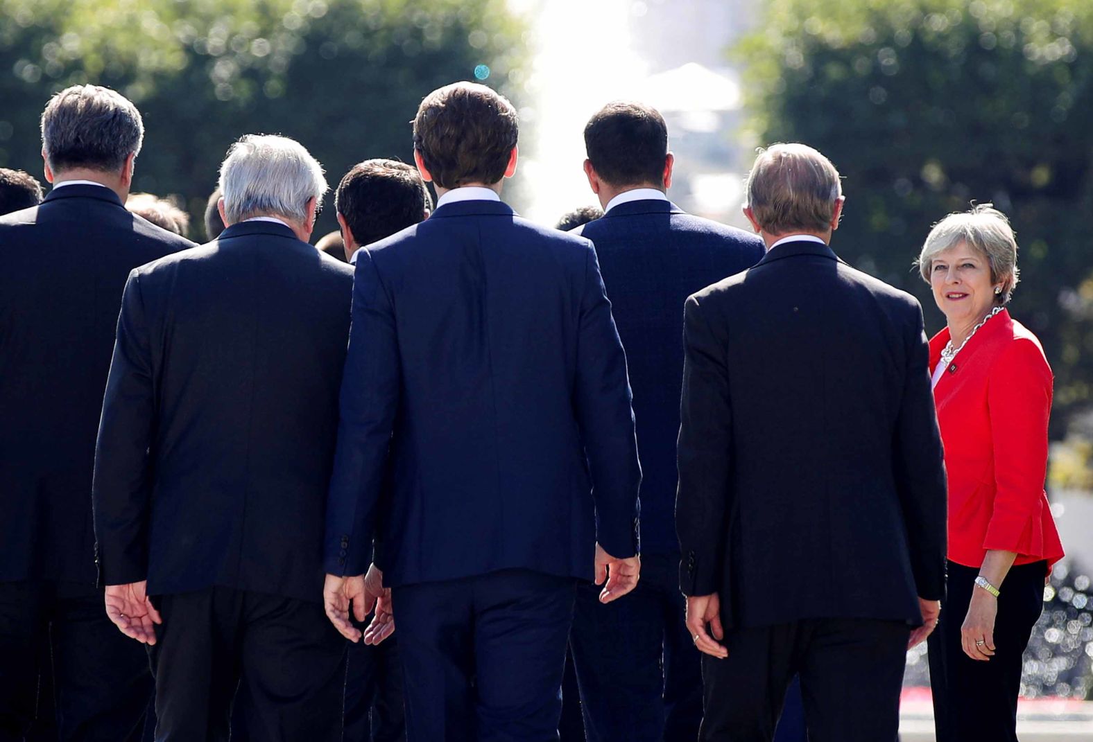 May arrives for a family photo during a European Union summit in Salzburg, Austria, in September 2018.