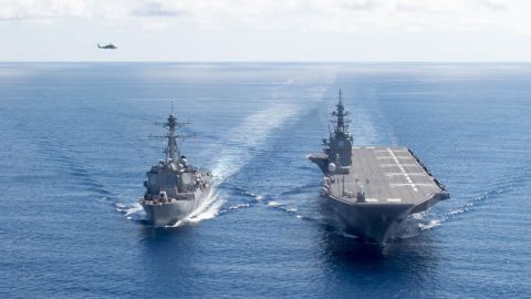 The guided-missile destroyer USS Dewey transits the South China Sea with the Japan Maritime Self-Defense Force ship JS Izumo in 2017.