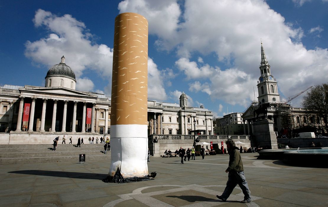 The Keep Britain Tidy campaign dropped a giant cigarette butt on London's Trafalgar Square to raise awareness. 