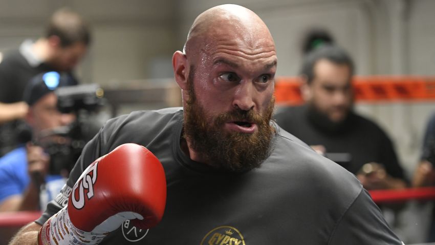 LOS ANGELES, CA - OCTOBER 25: Lineal Heavyweight Champion Tyson Fury works out in front of Los Angeles media in advance of his highly anticipated WBC Heavyweight World Championship against undefeated WBC World Champion Deontay Wilder on December 1at Churchill Boxing Club on October 25, 2018 in Los Angeles, California. (Photo by John McCoy/Getty Images)