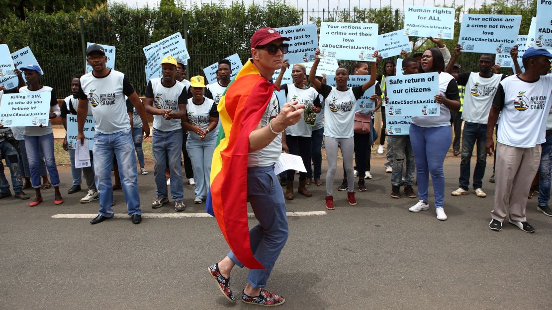 South African members of the LGBTQI community protest outside the Tanzania High Commission.