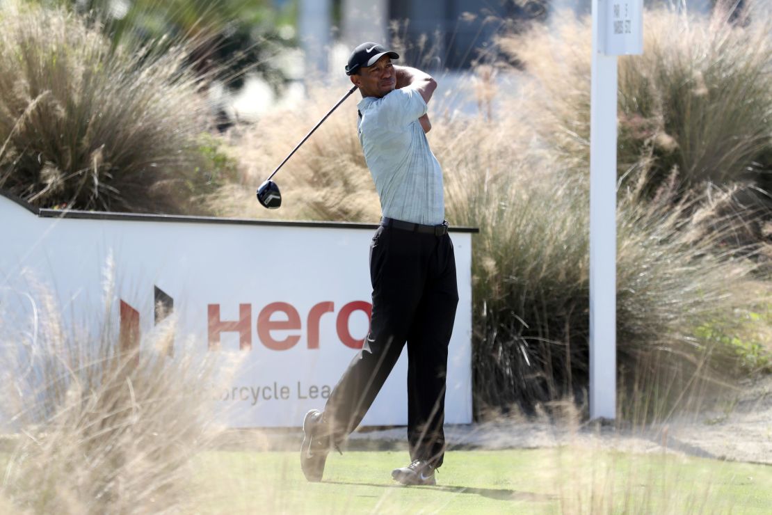 Woods plays off the third hole at the Hero World Challenge.