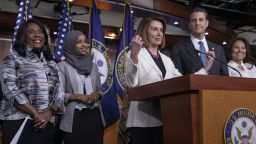 House Minority Leader Nancy Pelosi, D-Calif., center, is joined by fellow Democrats, from left, Rep. Terri Sewell, D-Ala., Rep.-elect Ilhan Omar, D-Minn., Rep. John Sarbanes, D-Md., and Rep.-elect Veronica Escobar, D-Texas, at a news conference to discuss their priorities when they assume the majority in the 116th Congress in January, at the Capitol in Washington, Friday, Nov. 30, 2018. (AP Photo/J. Scott Applewhite)