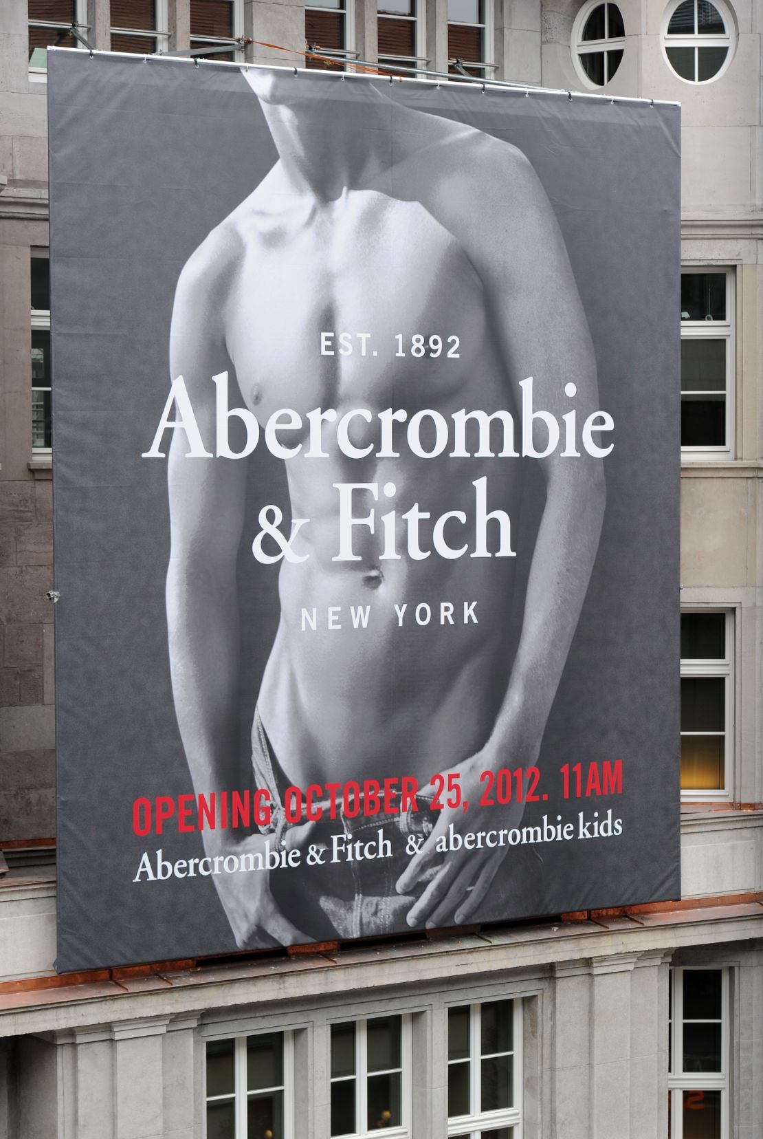 A placard of Abercrombie & Fitch hangs at the opening of a flagship store on October 25, 2012 in Munich, Germany.  