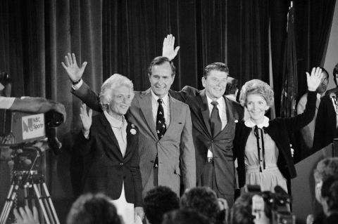 The Bushes stand with Republican presidential nominee Ronald Reagan and his wife, Nancy, in 1980. Bush lost to Reagan in the primaries but became his running mate.